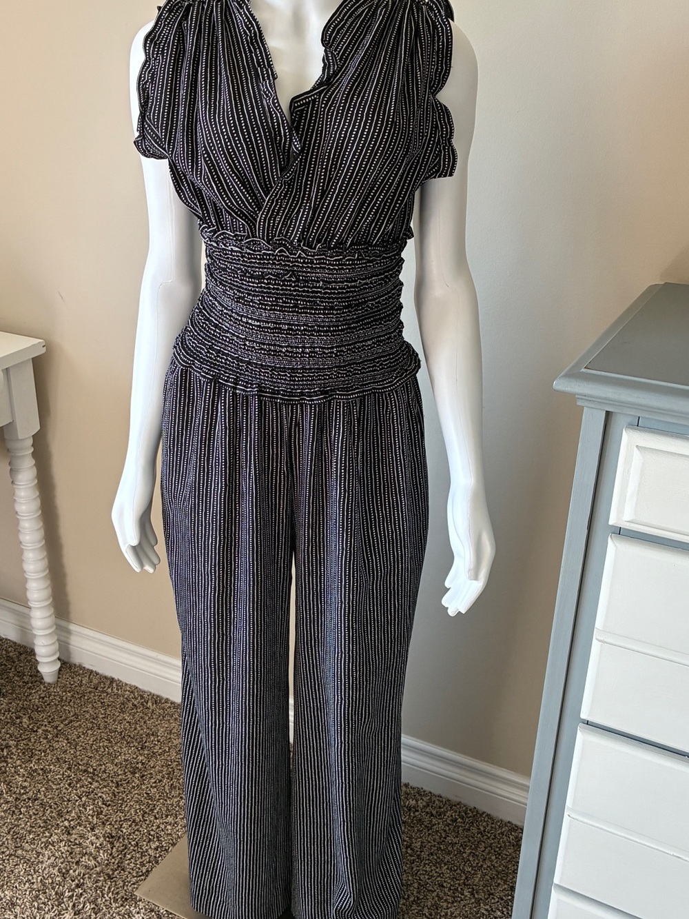 Max Studio Black Pinstripe Smocked-Waist Jumpsuit Small